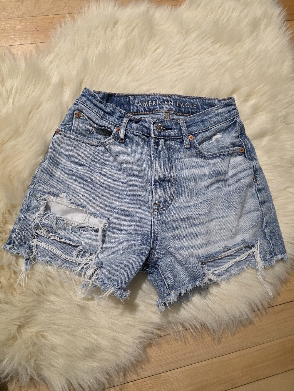 American Eagle Outfitters Washed Light Blue High-Rise Distressed Denim Shorts